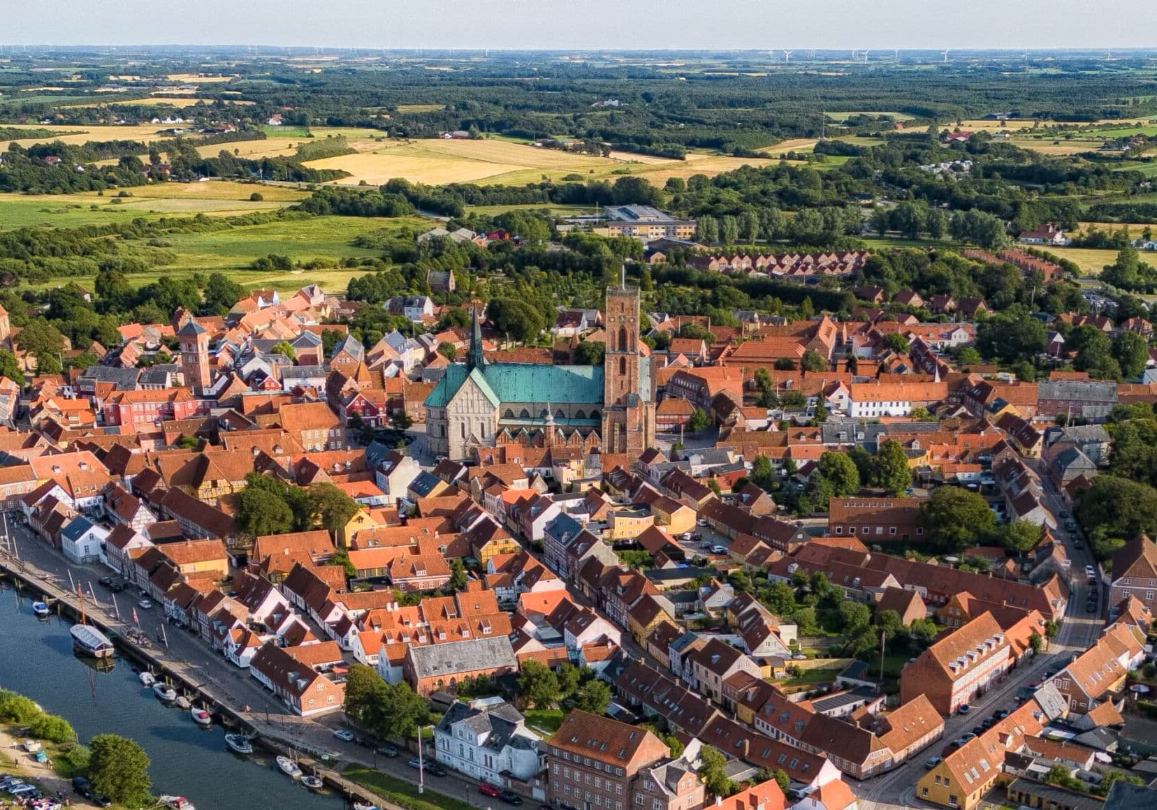 Aerial view of a historic town gathered around its church